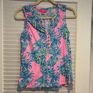 Lilly Pulitzer Pink Pineapple-Print Ruffle Henley Tank Small